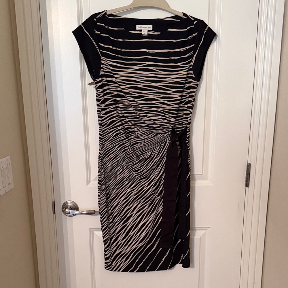 Coldwater Creek Black and Cream Striped Side-Tie Midi Dress
